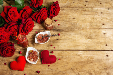 Rose petal jam with romantic decoration
