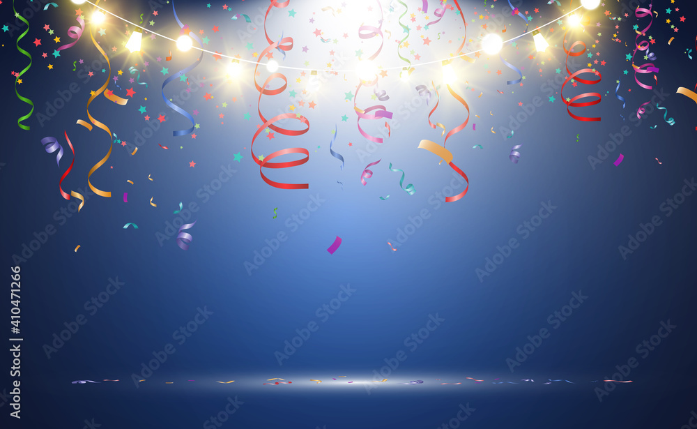 Poster Lots of colorful tiny confetti and ribbons on transparent background. Festive event and party. Multicolor background.Colorful bright confetti isolated on transparent background	