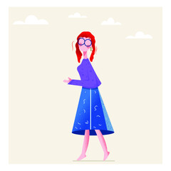 A red-haired girl with glasses, wearing a sweatshirt and a blue skirt, she walks barefoot along the road. Colored illustration on a calm background with clouds. Vector illustration