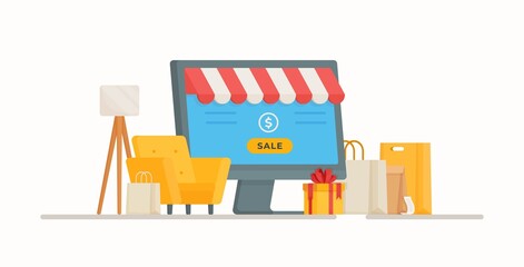 Sales and work at home. Vector illustration of a store online. Safe online shopping.