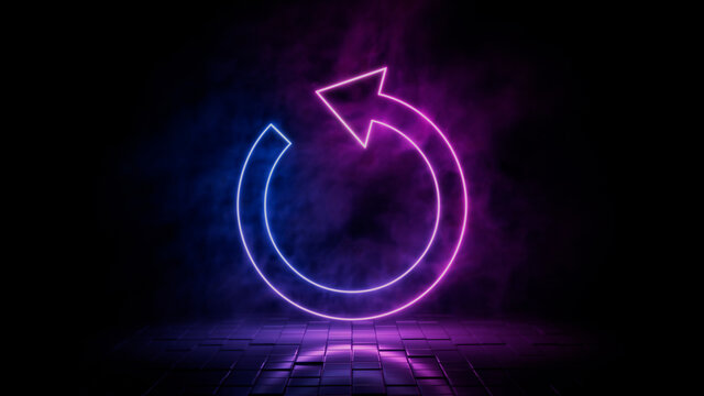 Pink and blue neon light refresh icon. Vibrant colored reload technology symbol, isolated on a black background. 3D Render 