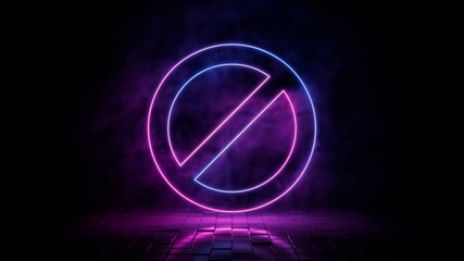 Pink and blue neon light no icon. Vibrant colored prohibition technology symbol, isolated on a black background. 3D Render 