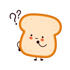 Cute funny bread toast character with question marks. Vector flat line cartoon kawaii character illustration icon. Isolated on white background. Toast with face character mascot concept