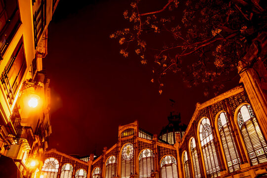 Roof of the Art Nouveau market 'Mercat Central' illuminated in the night with blurred blossom tree in Valencia, Spain