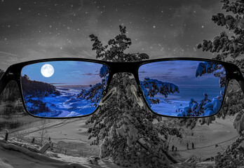Different perception of world. Colorful view of starry night and sea coast with covered in snow fir...