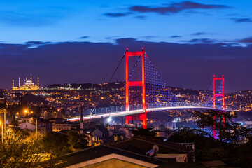 ISTANBUL, TURKEY. Beautiful Istanbul sunrise landscape with Istanbul Bosphorus Bridge, Camlica Mosque and Camlica Tower.