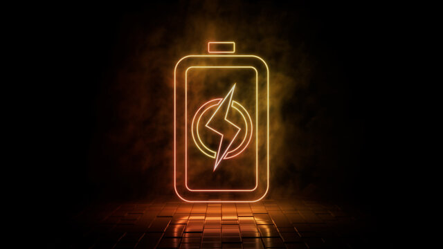 Orange and yellow neon light battery icon. Vibrant colored technology symbol, isolated on a black background. 3D Render 
