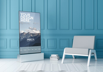 Vertical Smart TV Mockup Standing Near Blue Wall
