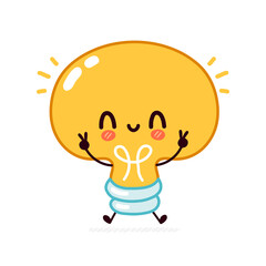 Cute funny light bulb, lamp character. Vector flat line cartoon kawaii character illustration icon. Isolated on white background. Lightbulb with face character mascot concept