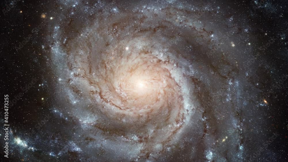 Sticker approaching to pinwheel galaxy center in outer space, animated rotation. based on image furnished by