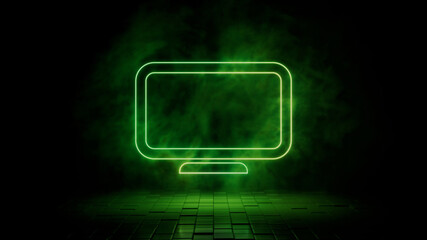 Green neon light display icon. Vibrant colored technology symbol, isolated on a black background. 3D Render 