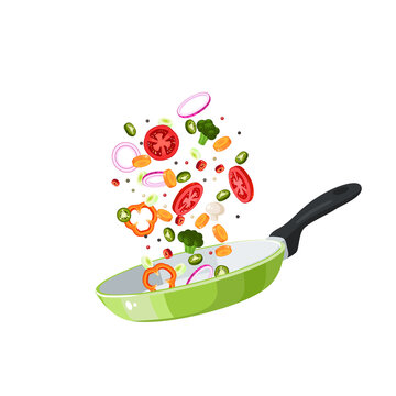 Food preparation. Sliced vegetables in green frying pan. Kitchen utensil. Vector illustration cartoon flat icon isolated on white background.