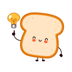 Cute funny bread toast character with idea light bulb. Vector flat line cartoon kawaii character illustration icon. Isolated on white background. Toast with face character mascot concept