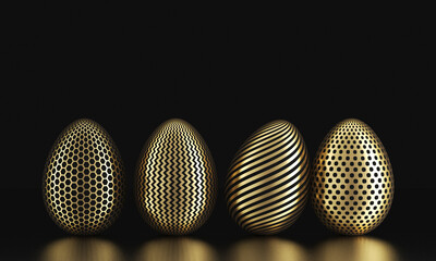 Fototapeta premium Row of golden eggs on black. 3D Rendering