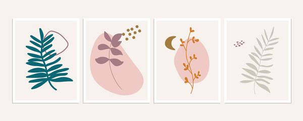Botanical wall art posters collection. Set of simple leaves branches drawings with abstract shapes in pastel colors. Artistic wildlife nature art. Minimalist modern  background.