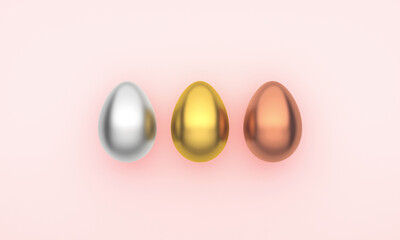 Three Easter eggs on a pink background. 3D Rendering