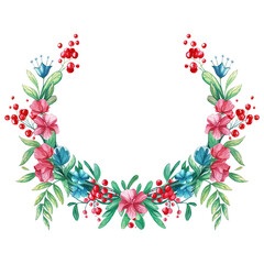 Watercolor hand drawn frame of flowers, leaves and berries. Spring wreath. Illustration on white background for invitations, congratulations, sales and design.