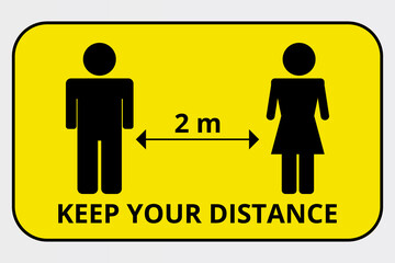 Social distance. Keep a distance of 2 meters, avoid the crowd. Preventive measures to protect yourself. Yellow marking mark for printing.