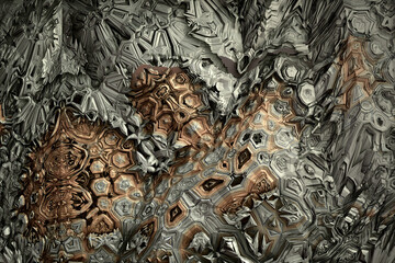 Chaotic fractal background with an erosive metallic appearance.