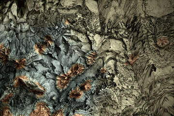 Chaotic fractal background with an erosive metallic appearance.