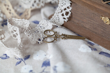 Lace braid and openwork scissors lie on fabric