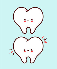 Cute healthy and sick sad funny human tooth character. Vector flat line cartoon kawaii character illustration icon. Isolated on white background. Teeth with face character mascot concept