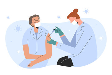 Vaccination of old people, senior woman getting a covid vaccine shot at home. Medical doctor vaccinating an elderly woman, physician or nurse giving injection against coronavirus infection