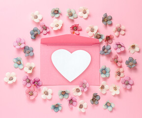 The heart-shaped note sits on a pink envelope surrounded by pastel flowers on a pink background. Valentine's Day, Birthday, wedding, congratulation. Flat lay, copy space