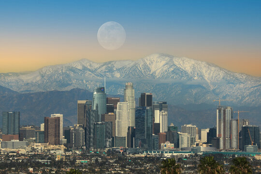 Los Angeles, CA January 30 2021 Moonrise Image of Downtown City of LA Buildings