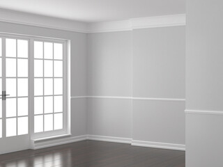 Empty living room design. Light walls and ceiling and dark floor