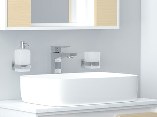 Naklejka na ściany i meble Modern bathroom interior. White sink with faucet with accessories - soap dispenser and tooth brush glass