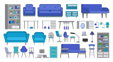 Fototapeta premium a set of office furniture and for home. flat design with office furniture, laptops, decorations and other elements. vector illustration isolated on white background 