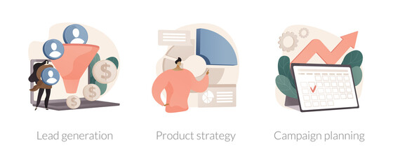 Sales strategy abstract concept vector illustration set. Generating new leads, product strategy, campaign planning, digital marketing software, sale growth, business solution abstract metaphor.