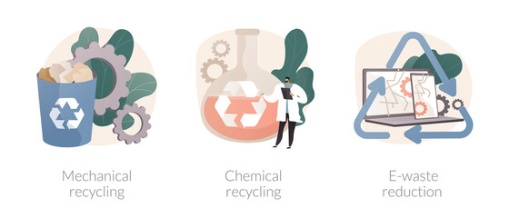 Fototapeta premium Industrial waste management abstract concept vector illustration set. Mechanical and chemical recycling, e-waste reduction, processing for reuse, trash disposal and utilization abstract metaphor.
