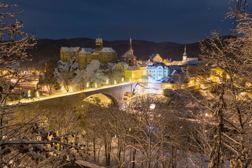 Stunning scenic view of beautiful cityscape of medieval Loket nad Ohri town with Loket Castle...