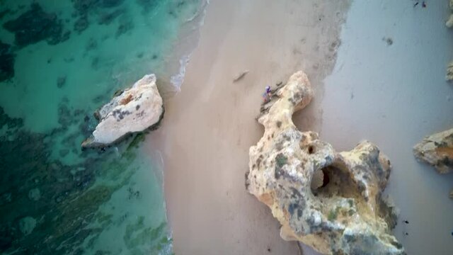 Aerial view of the amazing Praia dos Tres Irmaos (Three Brothers Beach) in Alvor, the Algarve Portugal.