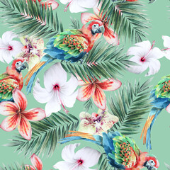 Fototapeta premium Bright seamless pattern with parrots and flowers. Hibiscus. Palm. Watercolor illustration. Hand drawn.