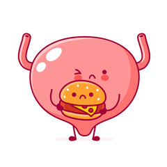 Cute sad funny human bladder organ character with burger. Vector flat line cartoon kawaii character illustration icon. Isolated on white background. Bladder with face character mascot concept