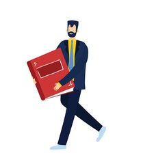 Illustration of a man with a book. Cheerful businessman smiling and holding a book. Simple style vector illustration