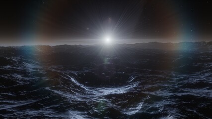 beautiful view from an exoplanet, a view from an alien planet, a computer-generated surface, a fantastic view of an unknown world, a fantasy world 3D render
