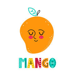 Cute happy smile mango fruit. Vector simple flat cartoon scandinavian character hand drawn illustration icon. Isolated on white background. Scandinavian mango fruit print concept