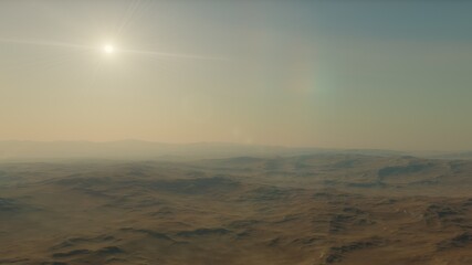 beautiful view from an exoplanet, a view from an alien planet, a computer-generated surface, a fantastic view of an unknown world, a fantasy world 3D render
