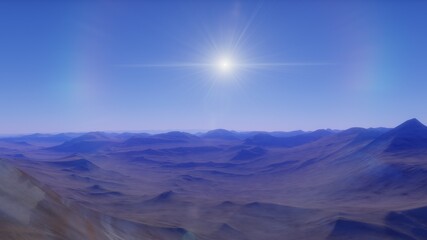 Naklejka premium beautiful view from an exoplanet, a view from an alien planet, a computer-generated surface, a fantastic view of an unknown world, a fantasy world 3D render 