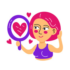 Cute woman look at mirror and enjoy . Vector flat cartoon kawaii character hand drawn illustration icon. Isolated on white background. Self Love, Confidence Concept