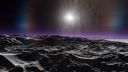 beautiful view from an exoplanet, a view from an alien planet, a computer-generated surface, a fantastic view of an unknown world, a fantasy world 3D render
