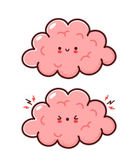 Cute healthy and sick sad funny human brain organ character. Vector flat line cartoon kawaii character illustration icon. Isolated on white background. Brain with face character mascot concept