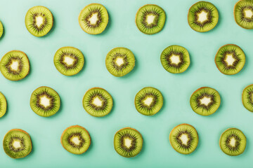 The patterns of the slices of kiwi fruit on green background as a continuous background.
