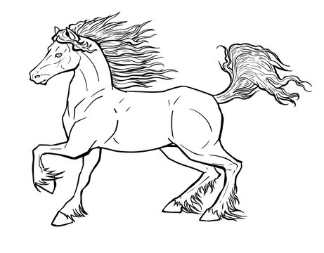 muscular house horse linear drawing. animal in motion picture. design of a booklet, flyer, invitation to an exhibition of animals, riding horses. template, clipart, doodle for antistress coloring book