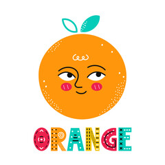 Cute happy smile orange fruit. Vector simple flat cartoon scandinavian character hand drawn illustration icon. Isolated on white background. Scandinavian orange fruit print concept