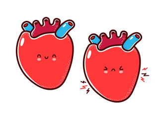 Cute healthy and sick sad funny human heart organ character. Vector flat line cartoon kawaii character illustration icon. Isolated on white background. Heart with face character mascot concept